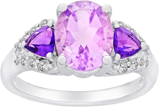 .925 Sterling Silver, Oval & Trillion Cut Purple Amethyst & White Topaz Three Stone Anniversary or Engagement Ring
