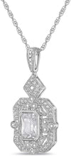 .925 Sterling Silver & Emerald Cut White Cubic Zirconia Milgrain Bezels Vintage Reproduction Geometric Pendant Necklace - 20”