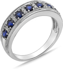 .925 Sterling Silver, Lab-Grown Gemstone & Lab-Grown White Sapphire Alternating Stone Milgrain Band-Style Statement Ring - Choice of Gemstone Color