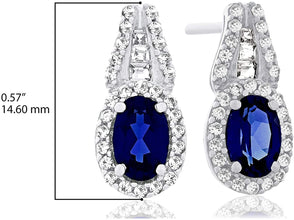 .925 Sterling Silver, Oval Cut Lab-Grown Gemstone & Round + Baguette Cut Lab-Grown White Sapphire Halo Drop Style Stud Earrings - Choice of Gem Color