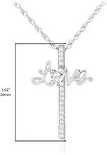 .925 Sterling Silver Heart Cut White Cubic Zirconia “Love” Cross Pendant Necklace with Rope Chain - 20”