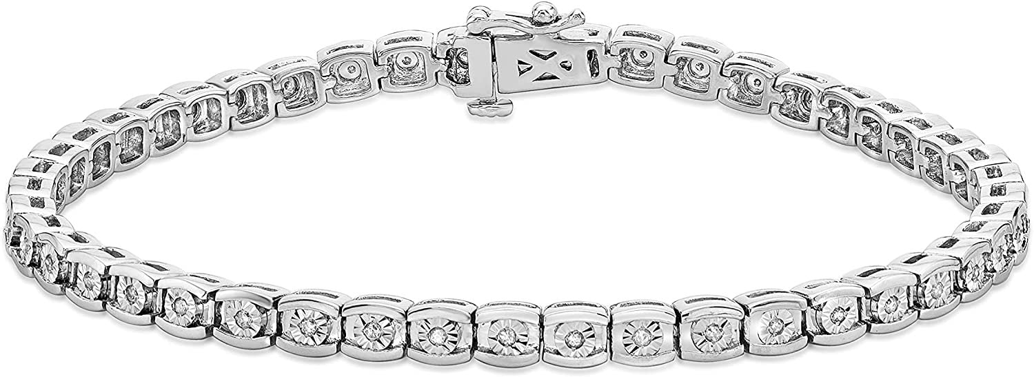.925 Sterling Silver 1/4 Cttw Diamond Miracle Plate Channel Set in Curved Rectangular Links Tennis Bracelet (I-J Color, I2-I3 Clarity) - 7-1/4"