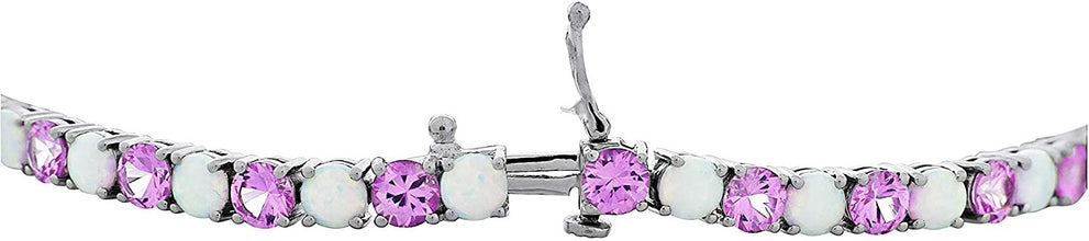 .925 Sterling Silver, Lab-Grown Pink Sapphire & Lab-Grown White Opal Alternating Round Link Tennis Bracelet - 7-1/4