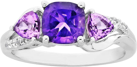 .925 Sterling Silver Three Stone Natural Amethyst & Lab Created White Sapphire Split Shank Ring