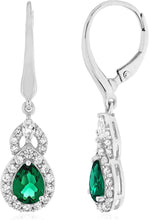 Sterling Silver Teardrop Birthstone & Lab Grown White Sapphire or CZ Art Deco Drop Hinged Latch Back Dangle Earrings - Choice of Gem Color/Month