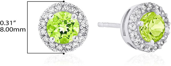.925 Sterling Silver Birthstone and Lab Grown White Sapphire or CZ Halo Stud Earrings - Choice of Gem Color/Month