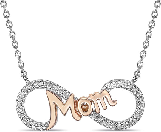 14K Rose Gold Plated .925 Sterling Silver 'Mom' 1/10 Cttw Diamond Infinity Necklace on 18" Cable (I-J Color, I2-I3 Clarity)