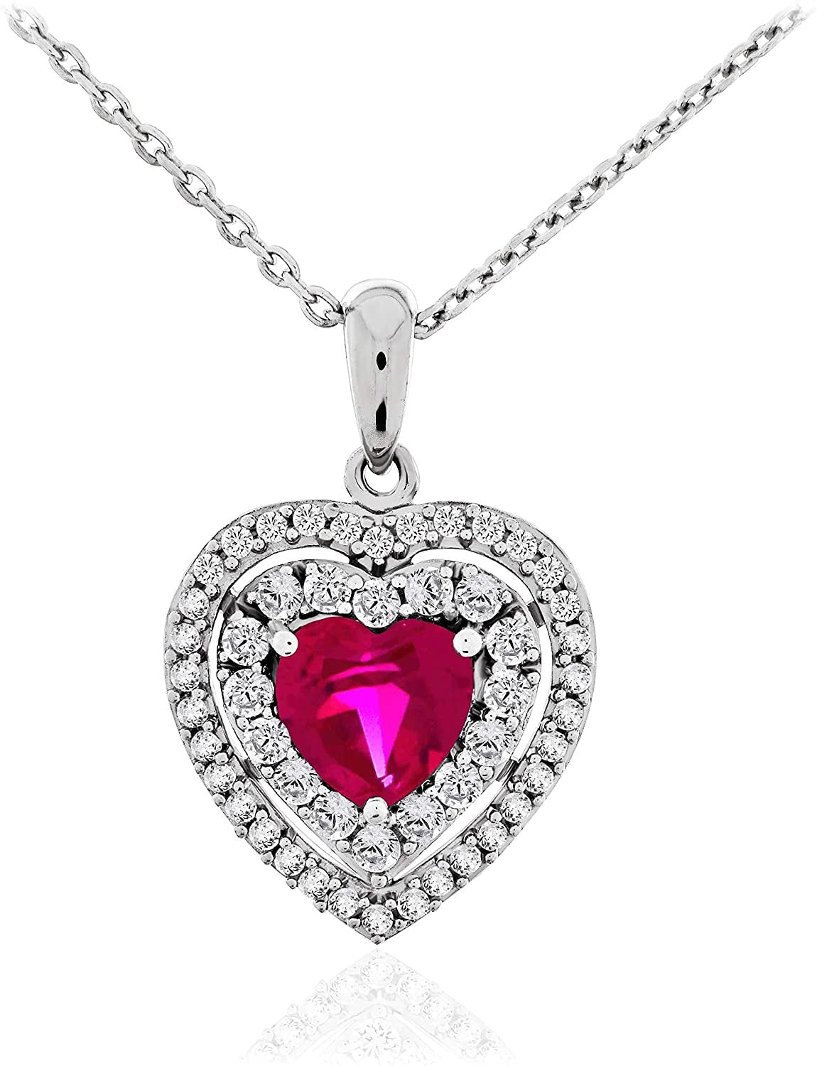 .925 Sterling Silver Heart Created Ruby & Round Created White Sapphire Double Halo Pendant Necklace - 18"