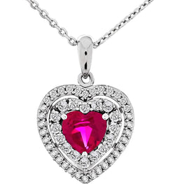.925 Sterling Silver Heart Created Ruby & Round Created White Sapphire Double Halo Pendant Necklace - 18"