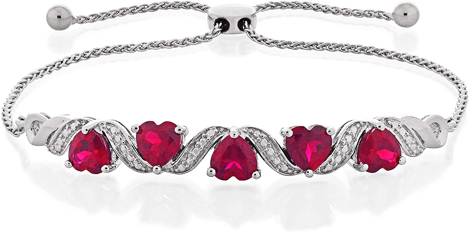 .925 Sterling Silver Heart Shape Lab Created Ruby Adjustable Bolo Bracelet