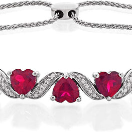 .925 Sterling Silver Heart Shape Lab Created Ruby Adjustable Bolo Bracelet
