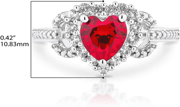 .925 Sterling Silver, Heart Cut Lab-Grown Ruby & Round Lab-Grown White Sapphire Halo Engagement or Anniversary Ring