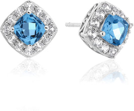 .925 Sterling Silver Swiss Blue Cushion Shape Topaz & Lab Created White Sapphire Halo Earrings