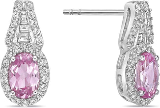 .925 Sterling Silver, Oval Cut Lab-Grown Gemstone & Round + Baguette Cut Lab-Grown White Sapphire Halo Drop Style Stud Earrings - Choice of Gem Color