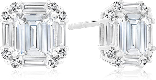 .925 Sterling Silver, 4.0 Cttw Round, Emerald & Baguette Cut Lab-Grown White Sapphire 3/8" Cut Corner Square Halo Stud Earrings