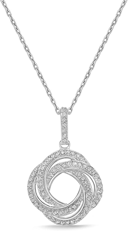 .925 Sterling Silver 1/3 Cttw Diamond Round Love Knot Pendant Necklace with Cable Chain - 20” (I-J Color, I2-I3 Clarity)