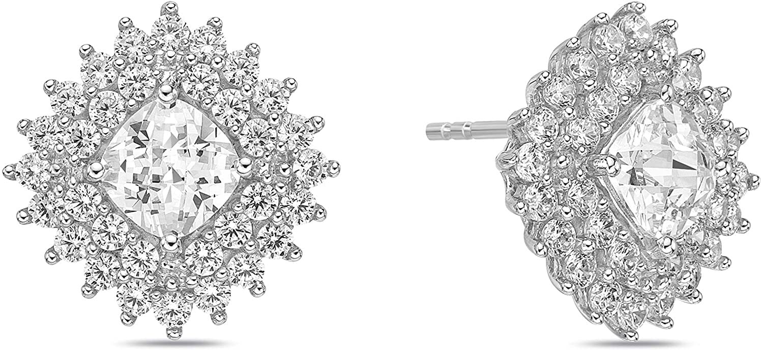 .925 Sterling Silver & Round Cushion Cut White Cubic Zirconia 5/8" Double Halo Snowflake Starburst Square Diamond Shaped Stud Earrings