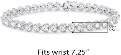 .925 Sterling Silver Cubic Zirconia Heart Link Milgrain Tennis Bracelet - 7-1/4