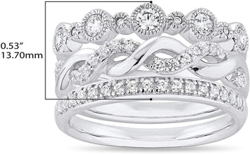 .925 Sterling Silver Cubic Zirconia Milgrain Round, Infinity Twist & Half-Eternity Stacking Bands - 3-Ring Set