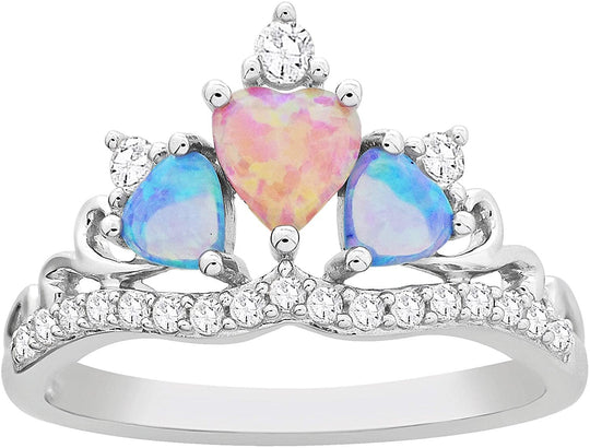 .925 Sterling Silver, Heart Cut Lab Grown Pink and Blue Opal Cabochons & Lab Grown White Sapphire Heart Tiara Crown Statement Fashion Ring