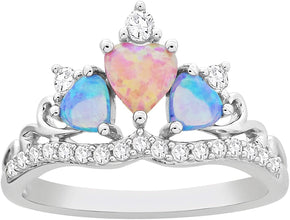 .925 Sterling Silver, Heart Cut Lab Grown Pink and Blue Opal Cabochons & Lab Grown White Sapphire Heart Tiara Crown Statement Fashion Ring