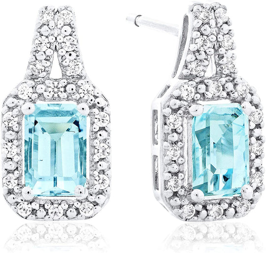 .925 Sterling Silver, Emerald Cut Blue Aquamarine & Cubic Zirconia 1/2" Halo V Shaped Drop Style Stud Earrings with Friction Posts & Butterfly Backs