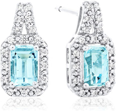 .925 Sterling Silver, Emerald Cut Blue Aquamarine & Cubic Zirconia 1/2