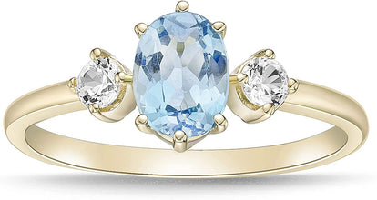 14K Yellow Gold Plated .925 Sterling Silver Oval Cut Birthstone & Created White Sapphire Three Stone Engagement Ring - Choice of Birthstone/Month
