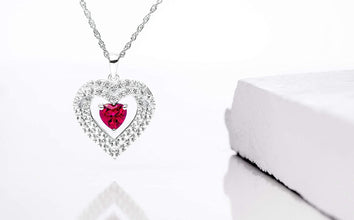 .925 Sterling Silver Heart Cut Lab-Grown Ruby & Round Lab-Grown White Sapphire Heart Inside Double Row Halo Frame Pendant Necklace - 18”