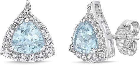 .925 Sterling Silver Trillion Cut Birthstone & Created White Sapphire Halo Stud Earrings - Choice of Birthstone/Month