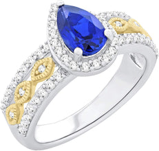 10K Yellow Gold Plated .925 Sterling Silver & Pear Cut Lab-Grown Blue Sapphire & Lab-Grown White Sapphire Halo Milgrain Engagement Ring
