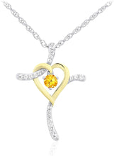 Two Tone 14K Yellow Gold Plated .925 Sterling Silver, Dangling Gemstone & Lab Grown White Sapphire Heart Cross Pendant Necklace 20” - Choice of Color