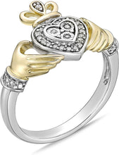 Two Tone 14K Yellow Gold Plated .925 Sterling Silver 1/10 Cttw Diamond Claddagh Style Engagement Ring (I-J Color, I2-I3 Clarity)