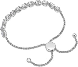 .925 Sterling Silver, Lab Grown Opal Cabochon & Lab Grown White Sapphire Round Halo Links Adjustable Bolo Bracelet - 6”-9-1/2” - Choice of Opal Color