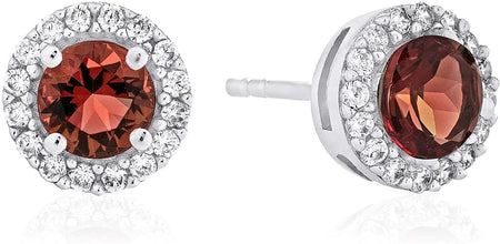 .925 Sterling Silver Birthstone and Lab Grown White Sapphire or CZ Halo Stud Earrings - Choice of Gem Color/Month