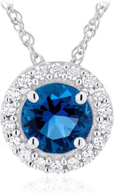 .925 Sterling Silver Birthstone & Lab Grown White Sapphire or CZ Halo Pendant Necklace on 18