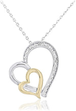 .925 Sterling Silver & 10K Yellow Gold Two Toned 1/10 Cttw Diamond Two Open Hearts Pendant Necklace on 18