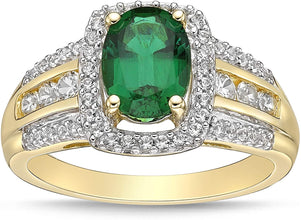 10K Yellow Gold, Lab Created Oval Gemstone & Lab Created White Sapphire Cushion Halo Fluted Filigree Cathedral Style Engagement Ring - Choice of Color