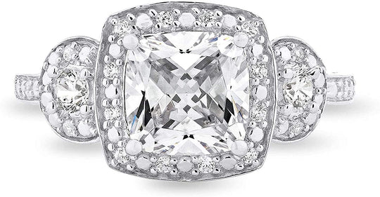 .925 Sterling Silver Cubic Zirconia Three Stone Halo Engagement Ring