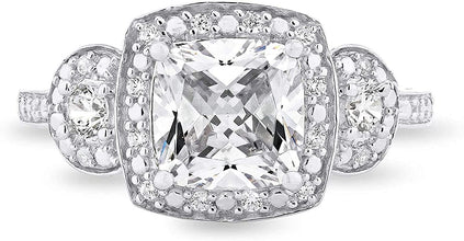 .925 Sterling Silver Cubic Zirconia Three Stone Halo Engagement Ring