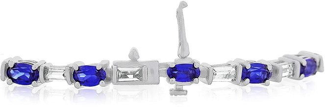 .925 Sterling Silver, Oval Lab-Grown Gemstone & Baguette Cut Lab-Grown White Sapphire Alternating Link Tennis Bracelet - 7-1/4