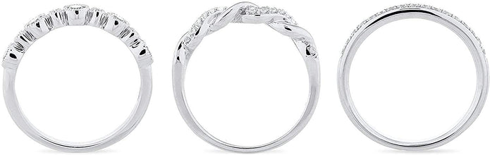 .925 Sterling Silver Cubic Zirconia Milgrain Round, Infinity Twist & Half-Eternity Stacking Bands - 3-Ring Set