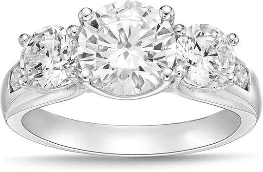 .925 Sterling Silver & Princess and Round Brilliant Cut White Cubic Zirconia Three Stone Chandelier Anniversary or Engagement Ring