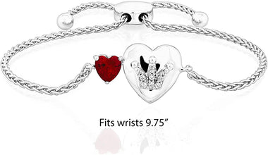 .925 Sterling Silver, Red Heart Cut Lab Grown Ruby & Lab Grown White Sapphire Dual Heart Crown Toi et Moi Adjustable Bolo Bracelet - 6”-9-3/4”