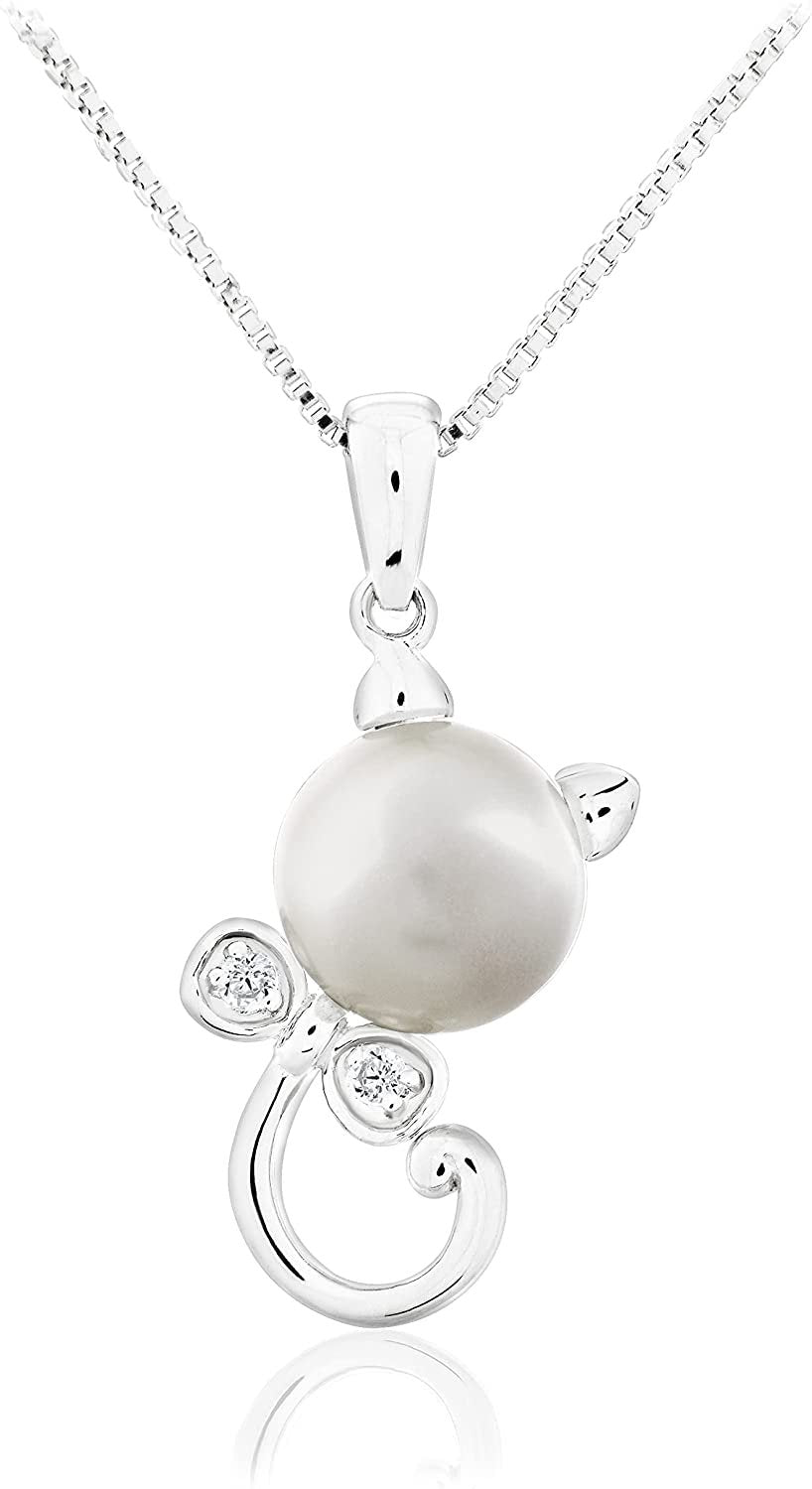 .925 Sterling Silver, 8.0mm Round White Freshwater Cultured Pearl & Lab-Grown White Sapphire 1” Cat with Bowtie Dangling Pendant Necklace - 18”