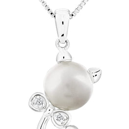 .925 Sterling Silver, 8.0mm Round White Freshwater Cultured Pearl & Lab-Grown White Sapphire 1” Cat with Bowtie Dangling Pendant Necklace - 18”