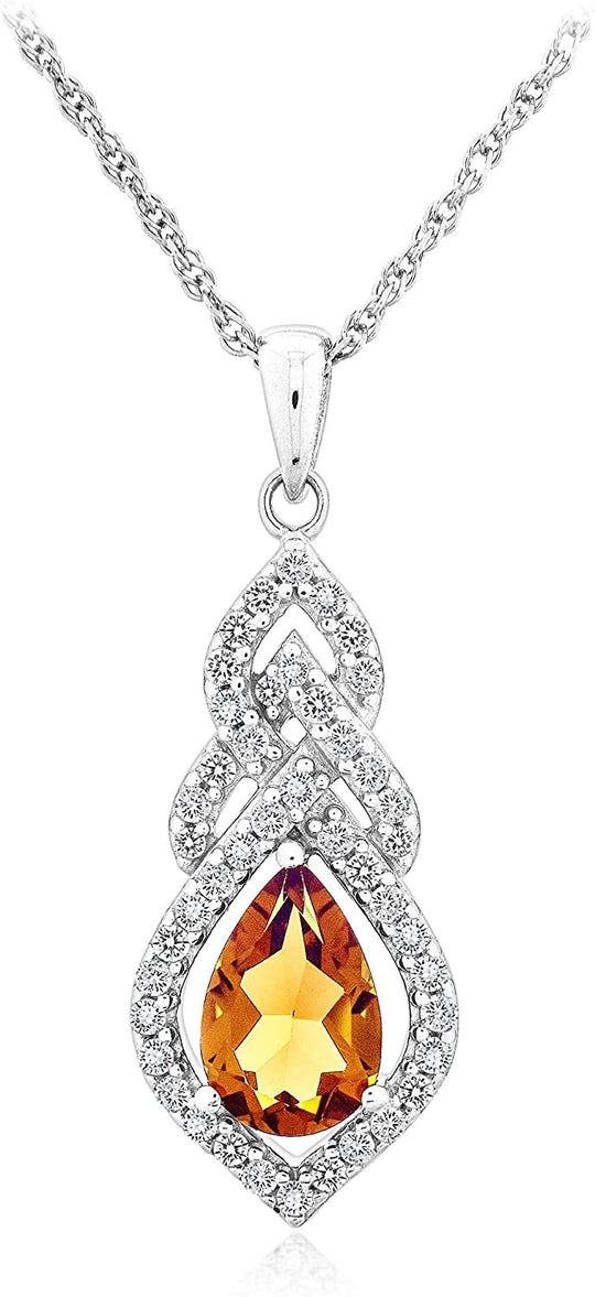 .925 Sterling Silver, Brown Pear Cut Cognac Quartz & Lab-Grown White Sapphire 1-1/4" Infinity Halo Knot Dangling Pendant Necklace - 18”
