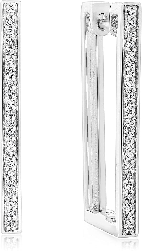 .925 Sterling Silver 1/6 Cttw Diamond Rectangular Hoop Style Huggie Earrings (I Color, I3 Clarity)