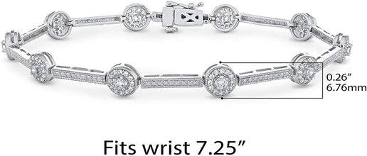 .925 Sterling Silver Cubic Zirconia Round Halo Station and Bar Alternating Link Tennis Bracelet - 7-1/4