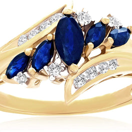 14K Yellow Gold, Marquise Cut Blue Sapphire & 1/10 Cttw Diamonds Channel Set Bypass Engagement Ring (I-J Color, I2-I3 Clarity) - Size 7